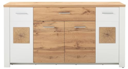 LIVIN Sideboard - Eiche Altholz Dekor - B 164 x T 46 cm - Weiß supermatt Dekor - 4 Türen - 1 Schubladen