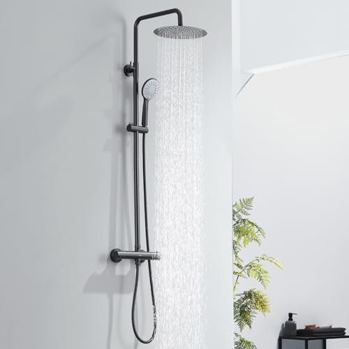 Kelleria Colonne de Douche Thermostatique Noir, Verrouillage Sécurité à 38°C, Mitigeur Douche, Ensemble Complet avec Pomme de Douche en Acier Inoxydable, Douchette à Main, Barre de Douche Réglable