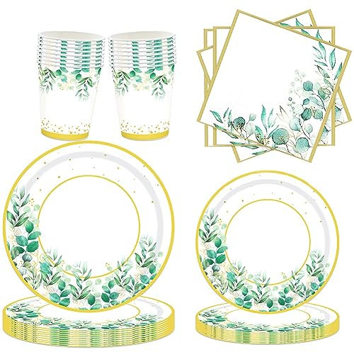 Knnuey Set di piatti di carta verde per 24 persone, set di piatti di carta verde e tovaglioli, set per feste di compleanno, matrimoni