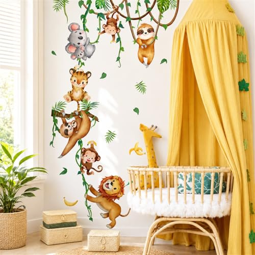 Trlyane Wandtattoo Kinderzimmer, Aquarell Dschungeltiere an Lianen