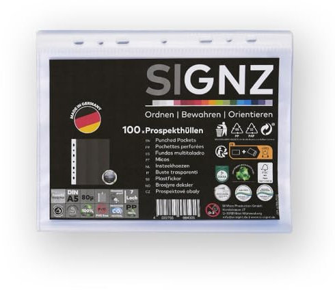 SIGNZ Prospekthüllen (DIN A5, starke 80 my), 100 Stück, genarbt, CO2-neutral hergestellt, made in Germany