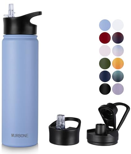MURBONE Edelstahl Trinkflasche 750ml (+2 Deckel)-mit Strohhalm,BPA frei,Thermosflasche Auslaufsicher,Kohlensäure Geeignet,Thermoskanne Vakuum Doppelwandisolierung für Sport, Reisen, Camping