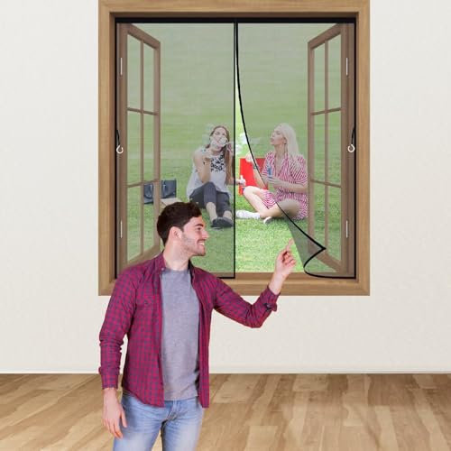 Fenster Fliegengitter mit selbstklebenden Magnetstreifen 135x200cm Schwarz Insektenschutz mit Klettband selbstklebend Mückenschutz ohne Bohren Fliegen Netz
