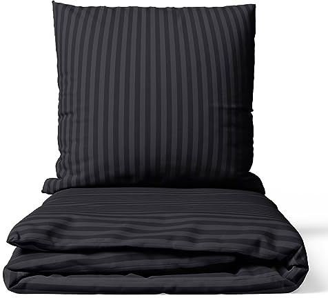 Visaggio 4 TLG Bettwäsche 155x220 cm Premium Mikrofaser Damast Bettbezug Gestreift Garnitur Schlafzimmer Set Schwarz