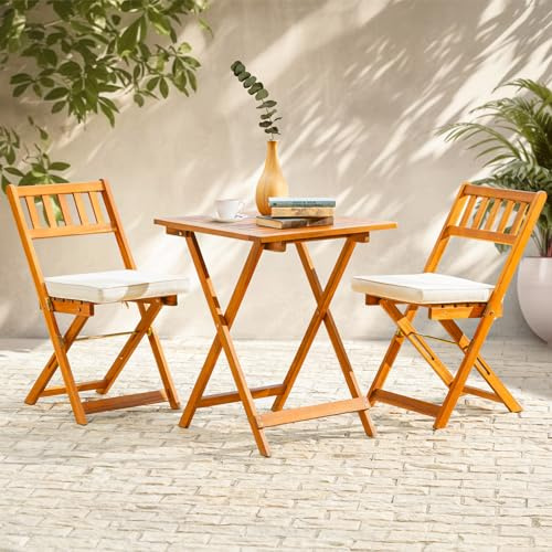 IDZO, Quadratischer Tisch, strapazierfähig, 180 kg Tragkraft, Terrassen-Bistro-Set, 3-teilig, Outdoor-Klappstühle mit Kissen