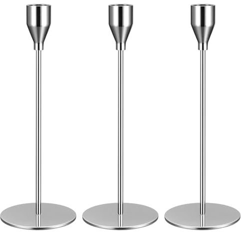 Set mit 3 silbernen Kerzenhaltern, 24 cm silbernen Kerzenhaltern, Metallkerzenhaltern, konischen Kerzenhaltern, Vintage-Kerzenhaltern, dekorativen konischen Kerzenhaltern für die Tischdekoration bei H