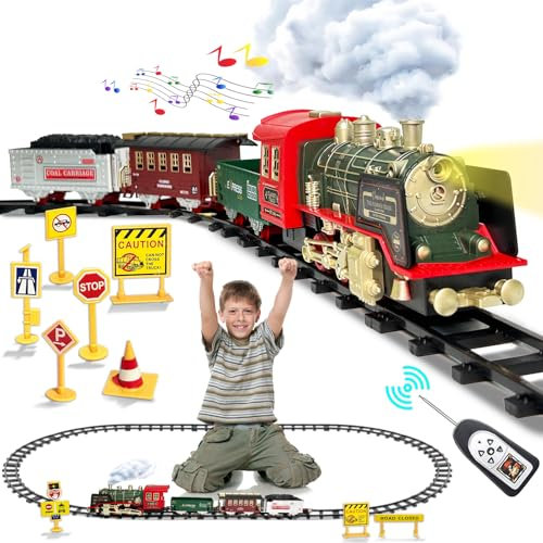 BARVERE Trenino Elettrico per Bambini, Trenino Albero di Natale con Rotaie, Vapore, Luce e Concerto, Trenino Elettrico Set, Regalo di Natale per Bambini (Senza Batteria)