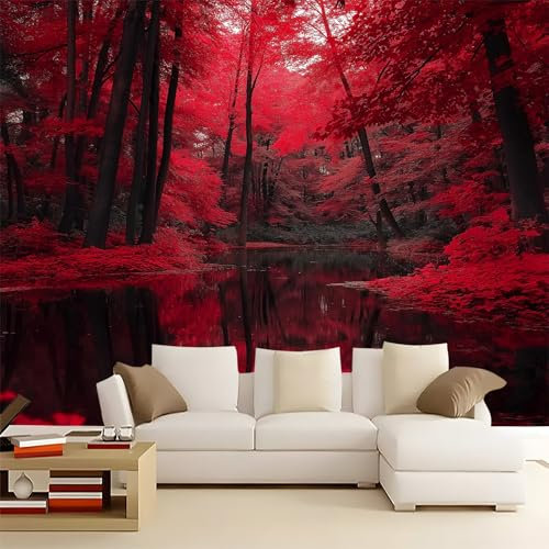 Vliestapete 300 x 210 cm Moderne Design Fantasie Roter Wald Wand Dekoration Fototapete Wohnzimmer Schlafzimmer Kinderzimmer Büro Flur Wandbilder Dunkelrot tapeten Dekoration