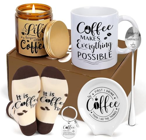 iAOVUEBY Coffee Lover Gift Set, Coffee Gift Basket Includes Coffee Mug Spoon Rest Holder Coffee Socks Keychain, Coffee Gift Box Gift Idea for Women Men