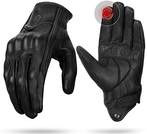 KEMIMOTO Motorradhandschuhe Leder, Lederhandschuhe mit Knöchelprotektor, Touchscreen, Atmungsaktiv Rennhandschuhe Herren Damen, Vollfinger für Motorradfahren, Fahrradfahren