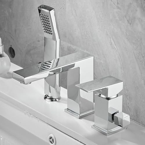 BiaoTeng Mitigeur Baignoire 3 Trous avec Douchette Monocommande Laiton Chaud et Froid Robinet Trois Trous Baignoire Argent