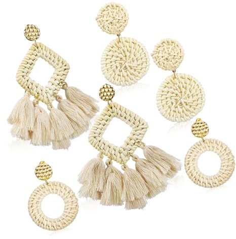 FRCOLOR 3Pairs Woven Rattan Earrings for Women and Lightweight Straw Drop Earrings Chic Statement Jewelry for Summer Fashion and Everyday Wear