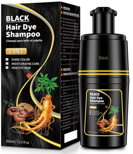 Black Hair Dye, Champú para teñir el cabello negro 3 en 1 para cabellos grises, champú instantáneo para hombres y mujeres, efecto antigris (Black-350ML)