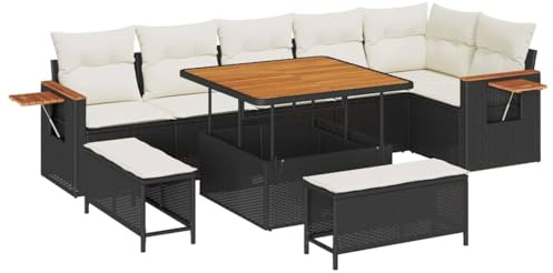 vidaXL Garten-Sofa-Set mit Kissen 9 pcs Schwarz Poly Rattan, Garten und Terrasse, modernes Outdoor-Sofa, UV-beständiges Mobiliar, Lounge-Set für die Terrasse