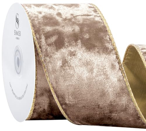 SIMISI RIBBON Khakifarbenes Knautschsamtband mit Draht für Weihnachtsbaumschmuck, Outdoor-Ornamente, Girlande und Kranzdekoration (6,3 cm, 9,1 m)