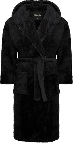 MICHAEL PAUL Dressing Gowns for Men | Super Soft Snuggle Hooded Dressing Gown in | Men's Warm and Cozy Fleece Nightwear Robe | Gifts for Him Black/black XL