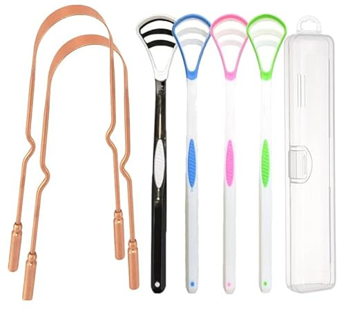 UBLNNFY Set di raschietti per lingua in rame, kit di strumenti per la pulizia della lingua orale in plastica, per alito fresco e per la cura dell'igiene della bocca, con custodia da viaggio (7,6 x