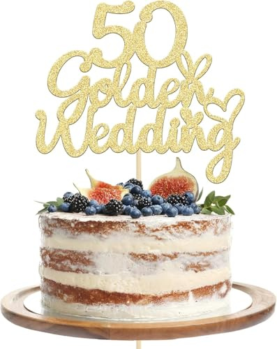 50th Golden Wedding Anniversary Cake Topper, Gold Glitter Decoration