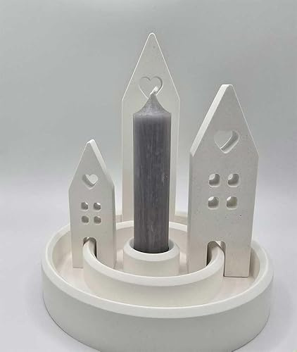 Deko - Teller mit Stabkerzenhalter und 3 verschiedenen Häuschen aus keramischem Gießmaterial, handgemacht, inkl. Stabkerze