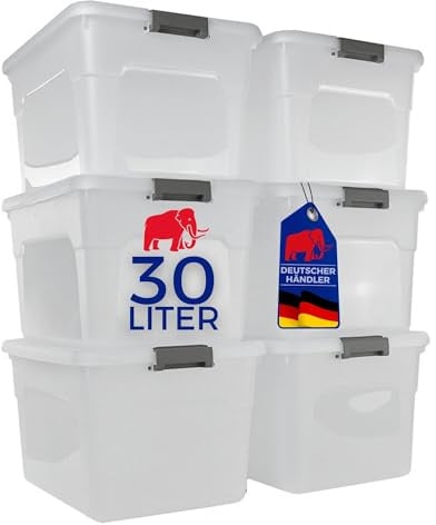 PROREGAL Aufbewahrungsbox mit Deckel 30L im 6er Set, Klein, Plastikbox transparent stapelbar, Kunststoffbox Verschlussclips, Stapelbox Kunststoff, Aufbewahrungsbehälter für Küche Haushalt Keller Büro