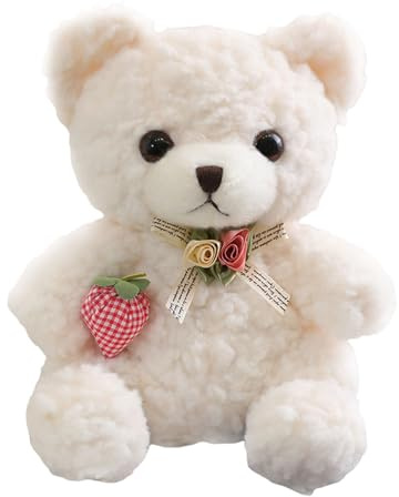 ZBELLO Cute Teddy Bear Plush with Strawberry & Rose, Soft Stuffed Bear Toy, Adorable Stuffed Animal Gift for Boys Girls & Home Decor. (White,20cm)