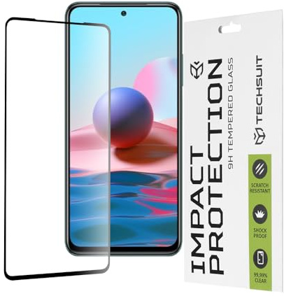 Techsuit Displayschutzfolie für Xiaomi Redmi Note 10 4G, Note 10S, Poco M5s Gehärtetes Glas mit 9H Härte, Vollständige Abdeckung, Stoßschutz, Oleophobe Beschichtung, Anti Fingerabdruck, 111D Full Glue