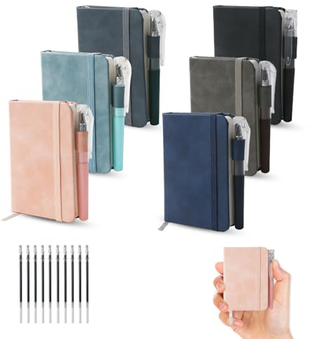 Luckwaii 6 Stück Kleines Notizbuch mit Stift und 10 Kugelschreiber Mine | Hardcover Notizblock A7 mit 200 Seiten, Pocket Notebook mit Elastischem Verschlussband und Stifthalter für Schule Arbeit
