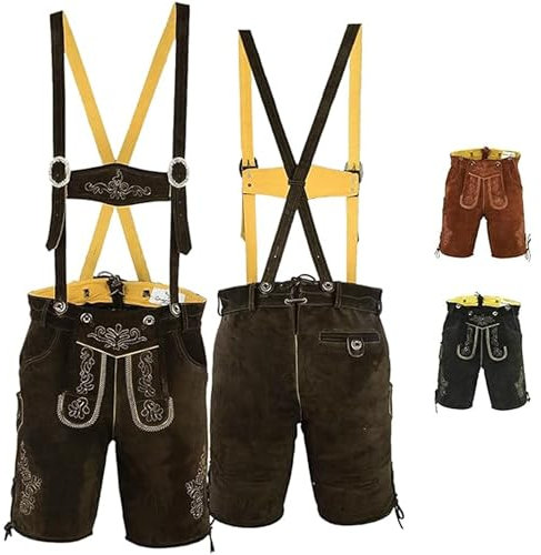 German Wear kurze Trachtenlederhose Lederhosen mit Hosenträger (DE/NL/SE/PL, Numerisch, 48, Regular, Kurz, Dunkelbraun)