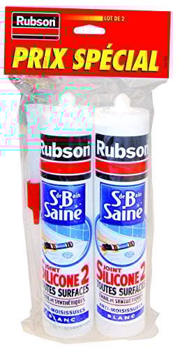 Rubson Mastic Salle de Bain Saine Silicone Anti-Moisissures Blanc, mastic sanitaire à base de silicone, mastic étanche renforcé en antifongique, lot de 2 cartouches 280 ml