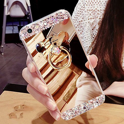 HMTECH iPhone X XS Case Glitter Bling Crystal Diamonds Mirror Makeup Soft TPU Bumper Cover with Bear Ring Stand Holder for iPhone X/XS 5.8 Inch,Gold Mirror TPU with Bear Ring Holder
