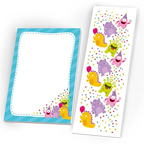 JuNa-Experten Mitgebsel Set aus 12 Lesezeichen + Mini-12 Notizblöcke lustige Monster/Geschenk für Kindergeburtstag Hochzeit Taufe Geburtstag Jungen Mädchen