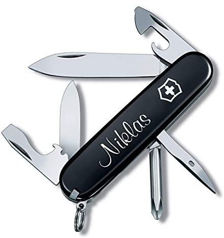 Victorinox Taschenmesser Tinker mit Wunschdruck auf der Schale I Geschenk für Männer Frauen I zum Geburtstag I Schweizer Taschenmesser personalisiert mit 12 Funktionen 1.4603 (schwarz)