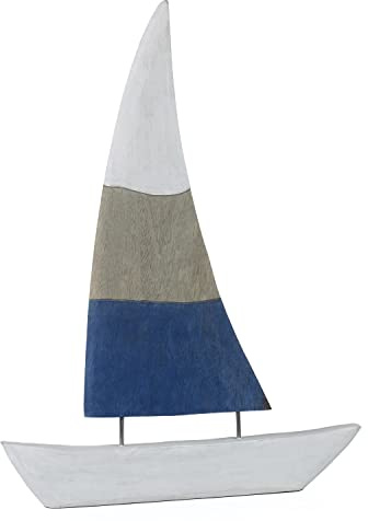Moritz Segelboot Deko groß 69,5 cm – Holz Schiff maritime Dekoration | Mangoholz mit Eisenmasten, handgefertigtes Unikat, Segel in Weiß, Graubraun und Blau, breiter Rumpf als Standfuß, 2 kg