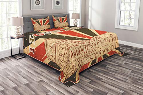 ABAKUHAUS Zitat Tagesdecke Set, Italienische Rom-Beschriftung, Set mit Kissenbezügen Sommerdecke, für Doppelbetten 264 x 220 cm, Dunkelgrün Weiß und Rot