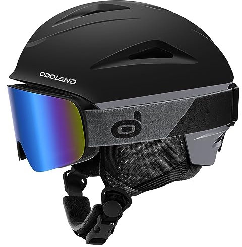 Odoland Casque de Ski et Snowboard, Casque À Neige avec Lunettes de Ski Anti-buée Anti-UV léger Adultes Hommes Femmes Jeunes, Antichoc et Universel pour Skating (Noir, S)