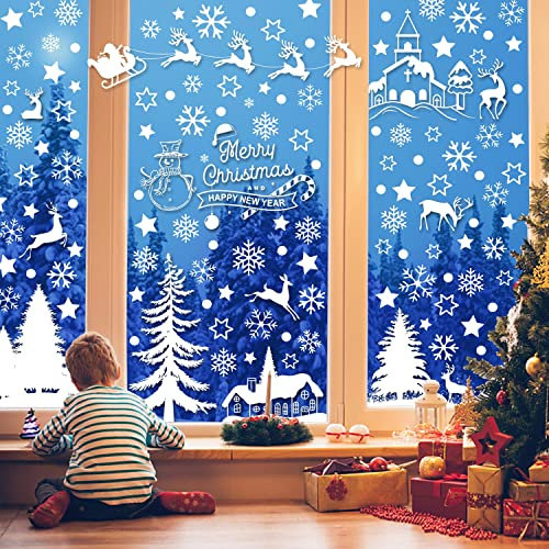 FullJoyHut 9 Hojas Blanco Pegatinas Navidad para Ventanas Pared Decoración Navidad Copo de Nieve Reno Árbol Navidad Pegatinas Sticker Electrostáticas PVC para Navidad Deco Casa Vinilos Puerta Fiesta