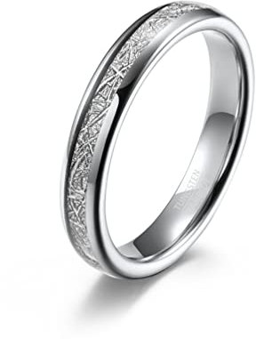 HIJONES Herren Damen 4mm Kuppel Ring aus Wolfram mit Imitierter Meteorit Verlobungs Hochzeitsband Silber Größe 62