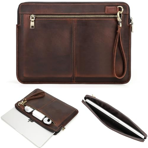CataPurus Top Grain Leather 14.2 Laptop Case Bag, Zip Pockets Design, Compatible with MacBook Air 13 M2 A2681 M1 A2337 A2179 A1932/Pro 13 M2 M1 A2338 A2251 A2289 A2159 A1989 A1706, Coffee 14.2 Inch