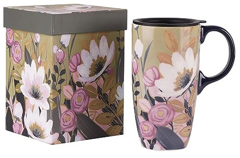 DUSVALLY Ceramic Mug Coffee Cup with Sealed Lid and Gift Box Latte Mug with Handle for Home and Office 17oz.Flower