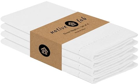 Native Fab Set mit 4 Hohlsaum-Stoffservietten, 100 % Baumwolle, 45.7x45.7 cm, weich, waschbar, pflegeleicht, Restaurant, Bauernhaus, Party, Hochzeit, wiederverwendbar, täglicher Gebrauch, Weiß