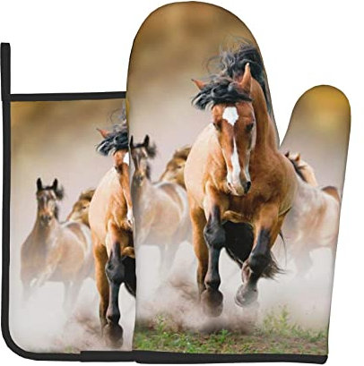 Hitzebeständige Ofenhandschuhe und Topflappen, 2er-Set, mit Pferde-Druck, rutschfest, wasserdicht, zum Backen, Kochen, Grill, 2 Stück