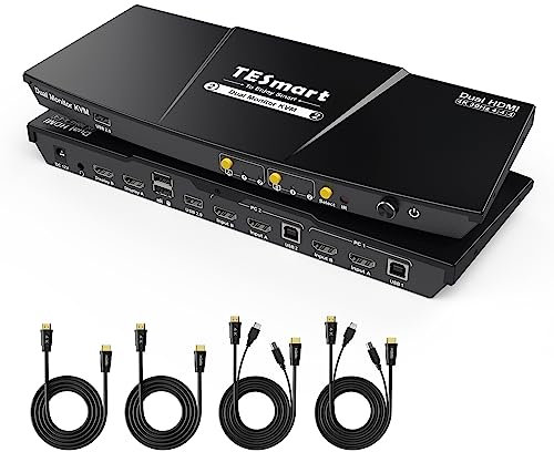 TESmart KVM Switch 2 Monitore, HDMI 2 PC 2 Monitor Switch mit Kabel×4, EDID Emulator, Audio Extractor, USB 2.0 für Tastatur Maus Scanner Drucker, HDCP 2.2, Hotkey, Button Umschalter, 4K30Hz