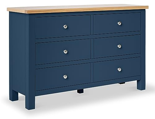 RoselandFurniture Farro Navy Blue Large 6 Drawer Chest of Drawers Bedroom | Fully Assembled, Wooden Storage with Oak Top, Painted Finish, Contemporary Style, H78cm W120cm D36cm
