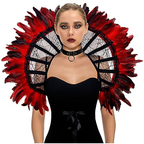 keland Gotisch Viktorianisch Spitzenkragen Feder Umhang Stola Kragen Schulterumhang Halloween Cosplay Accessoire (Rot-1)