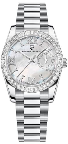 Pagani Design Frauen Elegante Quarzuhr, Luxus Diamanten Armbanduhr für Frauen, Edelstahl, Datum (Weiß)