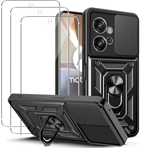 carinacoco Hülle für Motorola Moto G32, Slide Kamera Abdeckung mit drehbarem Fingerring Ständer Anti-Kratzen Harte Rüstung Schale Stoßfest Bumper Cover mit 3 Panzerglas Schutzfolie Schwarz