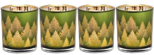 Windlichter für Teelichter aus Glas | 4 Teelichtgläser für den Adventskranz | Teelichthalter Set Weihnachtsdeko Winterdeko (Tannen grün)