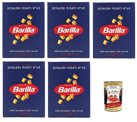 Italian Gourmet Ditaloni rigati pasta italiana kurze Nudeln Nr. 49 5 x 500g | Formato ideale per minestre e sughi densi; Hartweizengrieß, kochfest und, Gesamtnettogewicht 2,5 kg + Kostenlos Polpa 400g