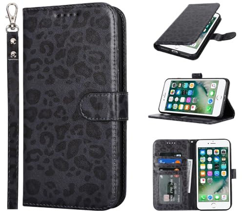 Zouzt Case for iPhone SE 2022 / SE 2020 / iPhone 8/7 (4.7 Inch), PU Leather Wallet Case with Credit Card Holder Slot Flip Folio Kickstand Shockproof Protective Phone Cover (Black Leopard Pattern)