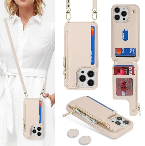 SailorTech Coque pour iPhone 15 Pro Étui avec Porte-Cartes de crédit, Etui pour iPhone 15 Pro Housse avec Courroie de Cou Portefeuille avec Fentes pour Cartes de crédit-Abricot